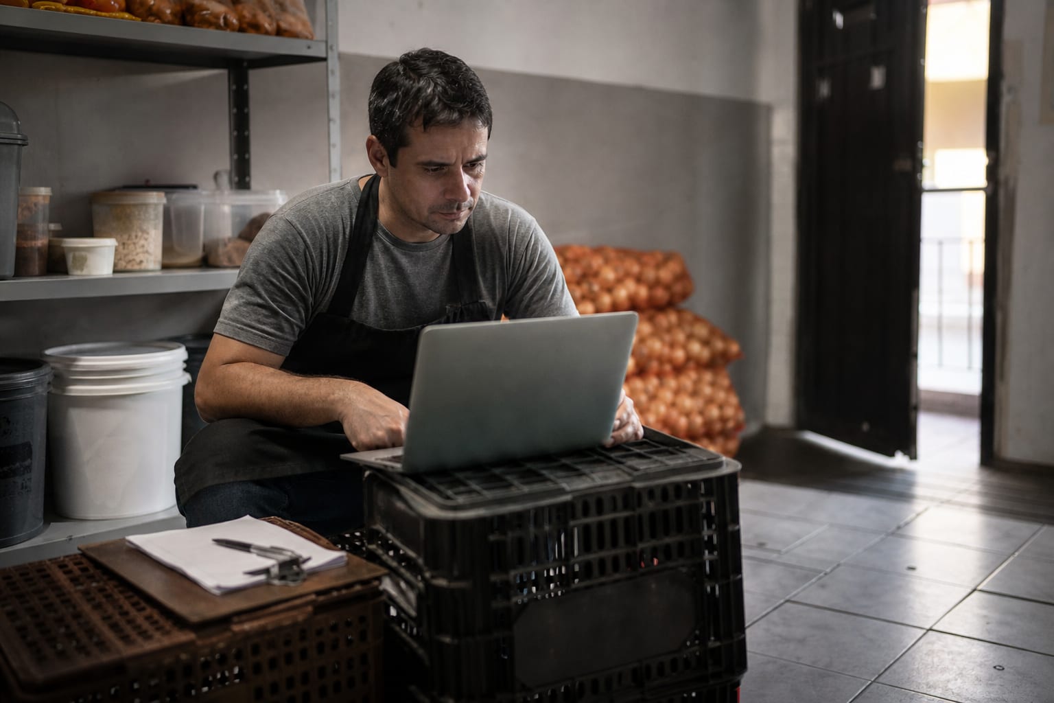 Dono de restaurante trabalha em notebook em escritório improvisado, com a cozinha de inox ao fundo