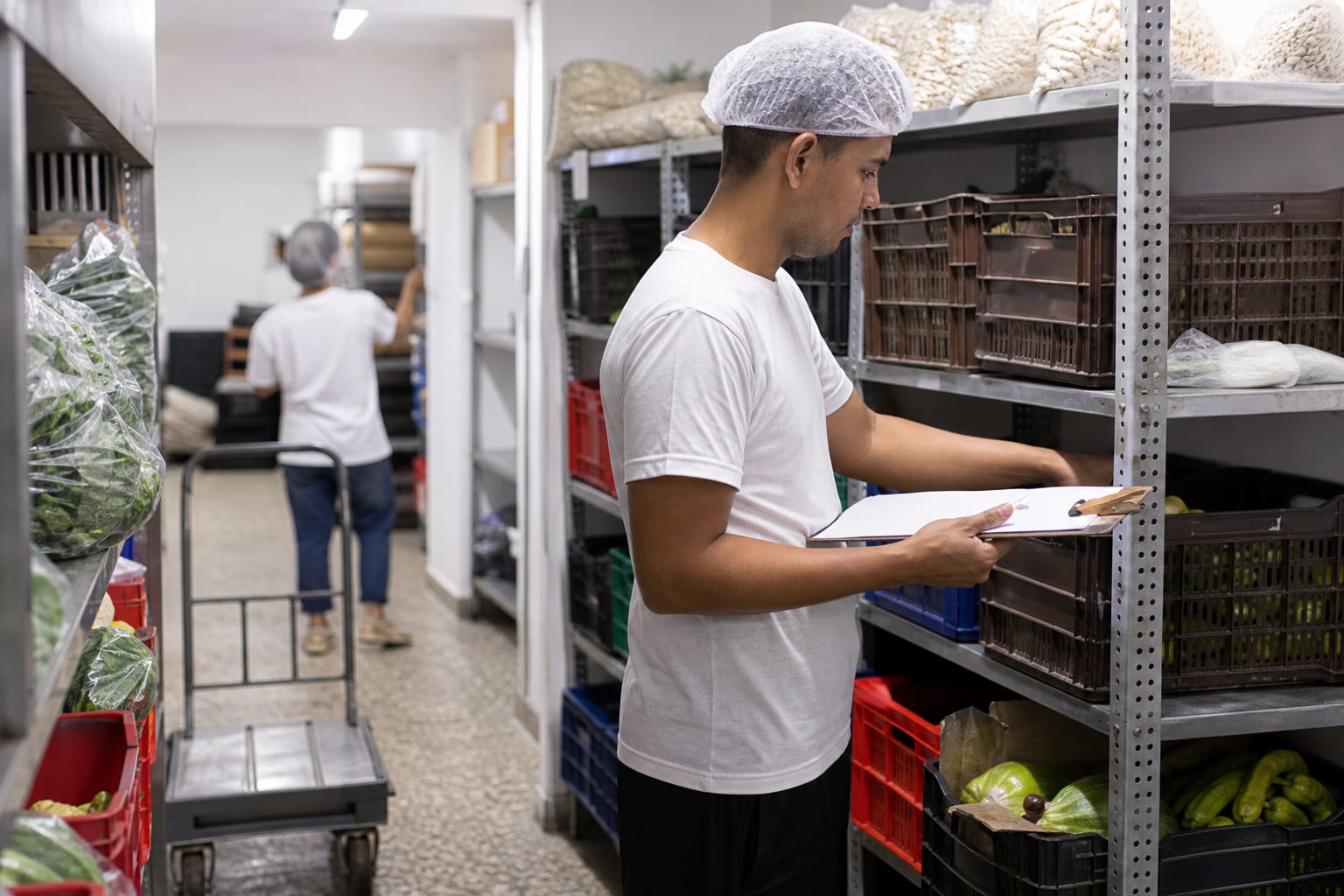 Funcionário conta produtos em prateleira de aço na despensa de um restaurante