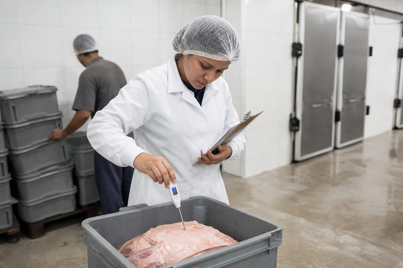 Nutricionista de jaleco confere temperatura de refrigerador em cozinha industrial