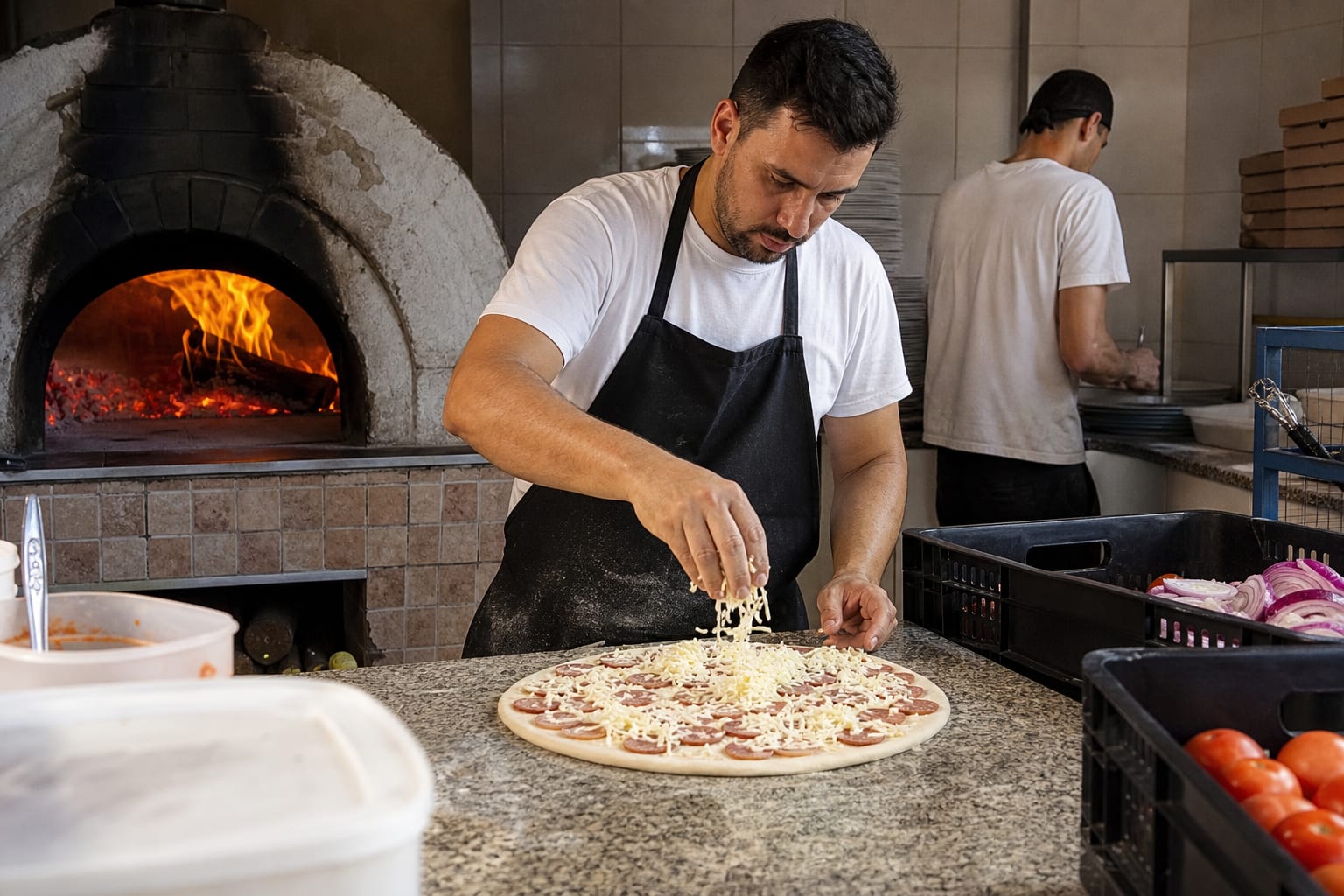 Pizzaiolo cobre disco de massa com mussarela e calabresa em bancada de pizzaria