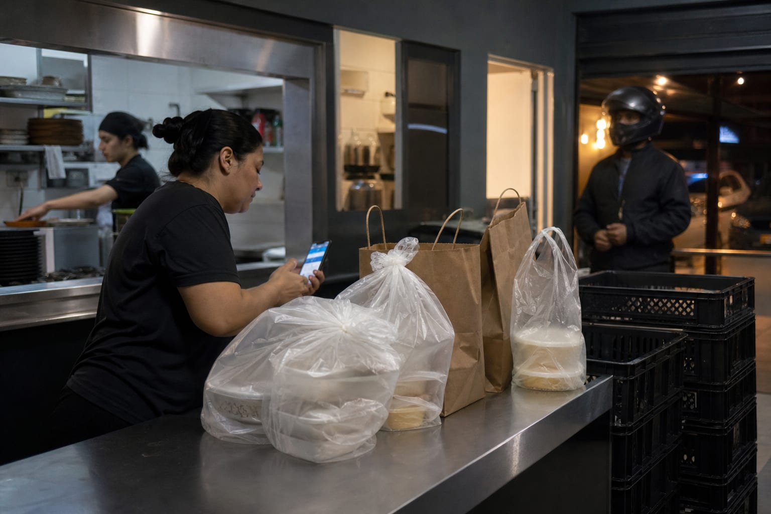 Balcão de expedição com embalagens de delivery prontas e entregador aguardando ao fundo